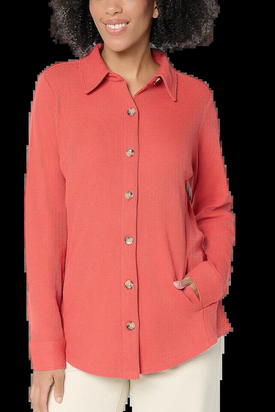 Belle Women's Waffle Knit & Jersey Button Front Top Baked Apple - Petites
